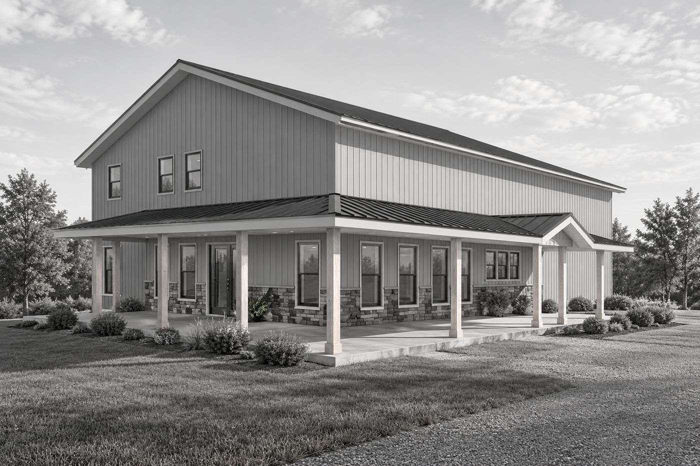 The Hawthorne, a custom home built by True Legacy with board-and-batten siding, stone wainscot, metal roof and a wraparound timber-post porch